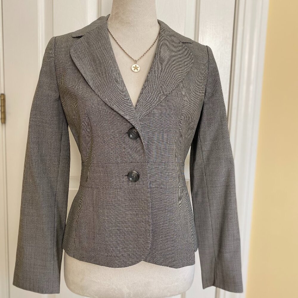 Ann Taylor black & cream checkered petite blazer with chic bow detail